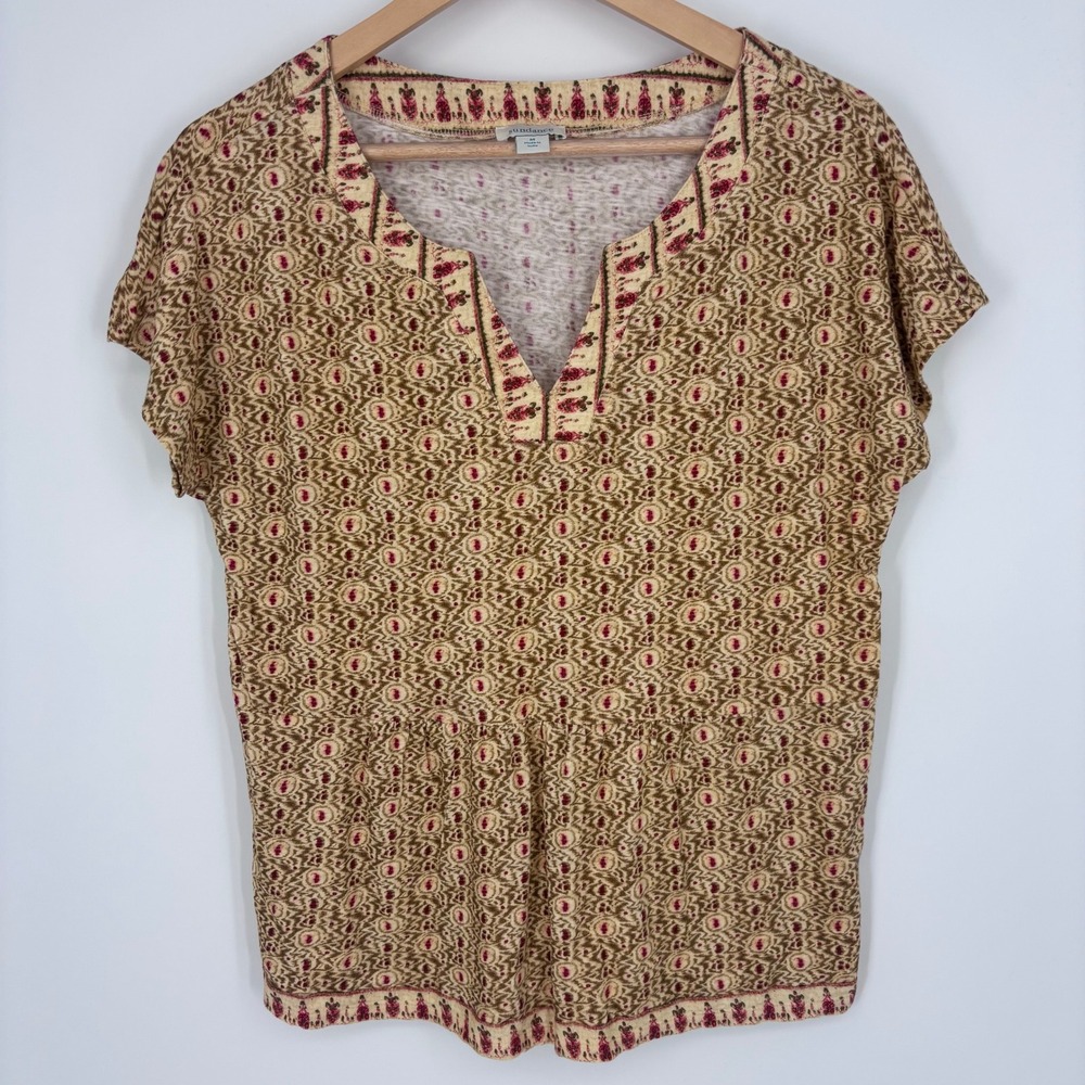 Sundance Cotton Geometric Print V-Neck Cap Sleeve Top Womens M Boho Folk